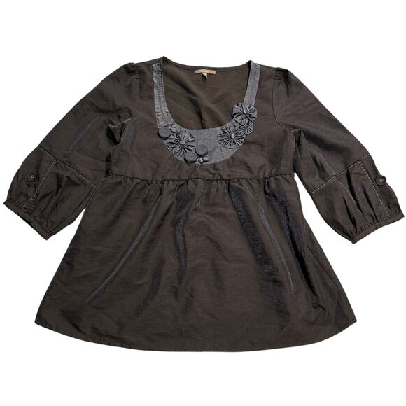 VTG Y2K Miss Me Babydoll Top Blouse Womens Large Rosettes Brown T182 Scoop Neck - Picture 1 of 8
